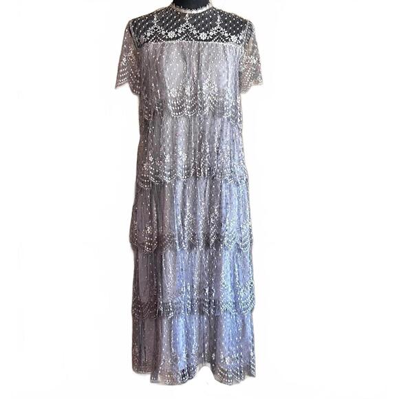 Vintage Rina diMontella Gray Silk Lace Tiered Dress Size 6 Formal
